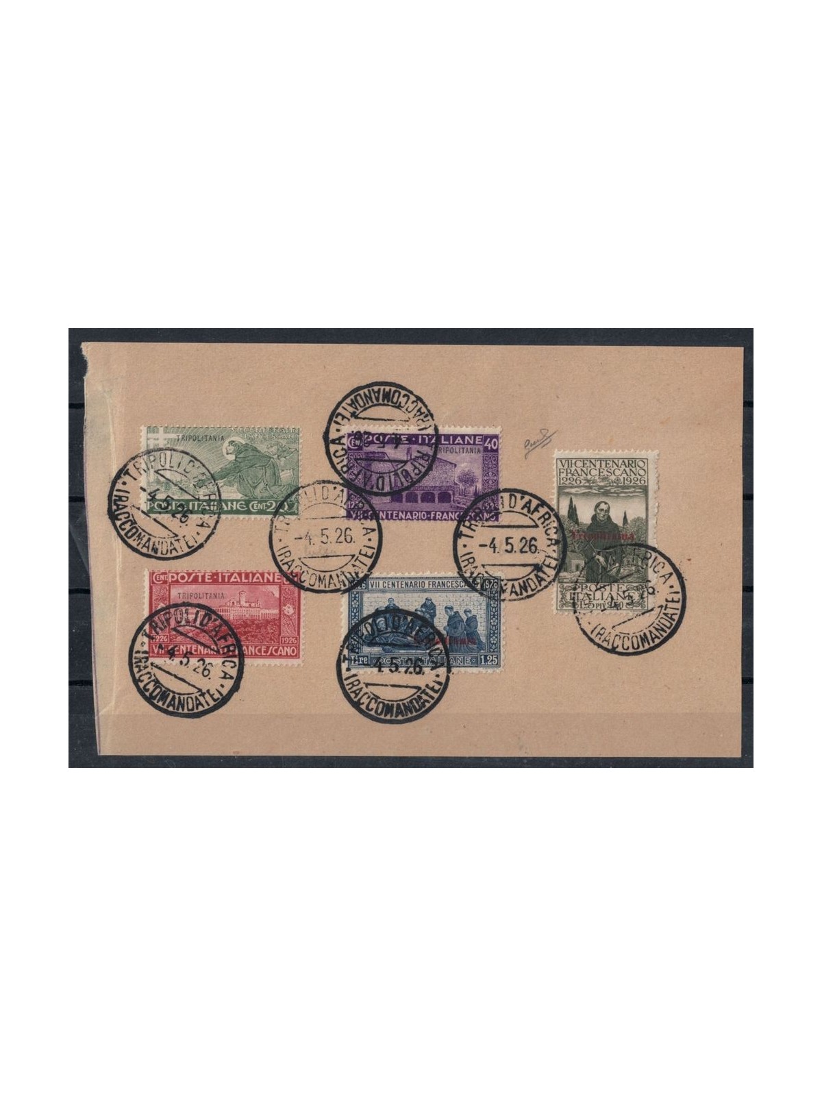 TRIPOLITANIA 1926 St. Francis 5v used on fragment ©