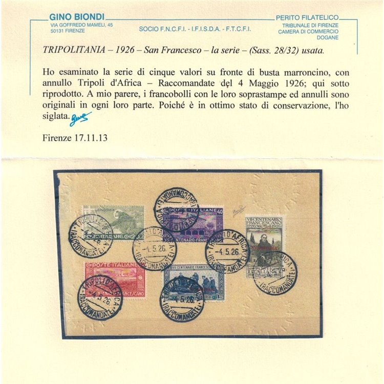 COLONIE TRIPOLITANIA 1926 San Francesco 5v usati su frammento ©