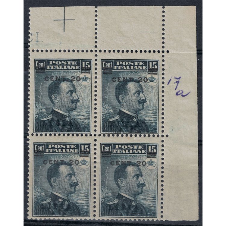 LIBYA 1916 20c on 15c grey-black (blue overprint) in block of four MNH**