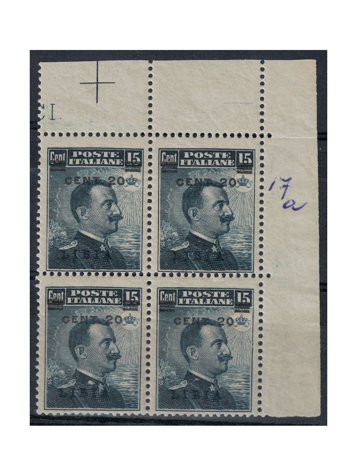 LIBYA 1916 20c on 15c grey-black (blue overprint) in block of four MNH**