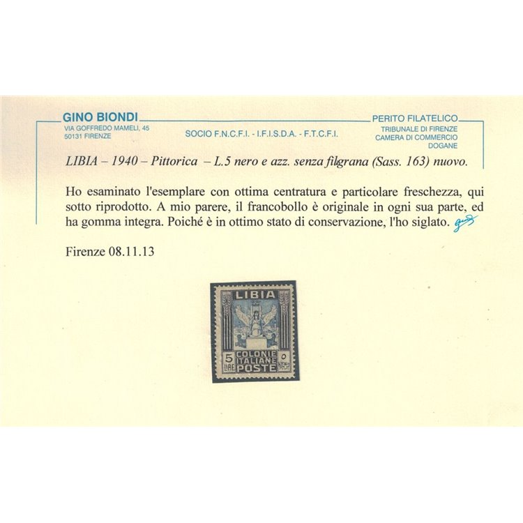 COLONIE LIBIA 1940 Serie Pittorica 5₤ nero e azzurro MNH**