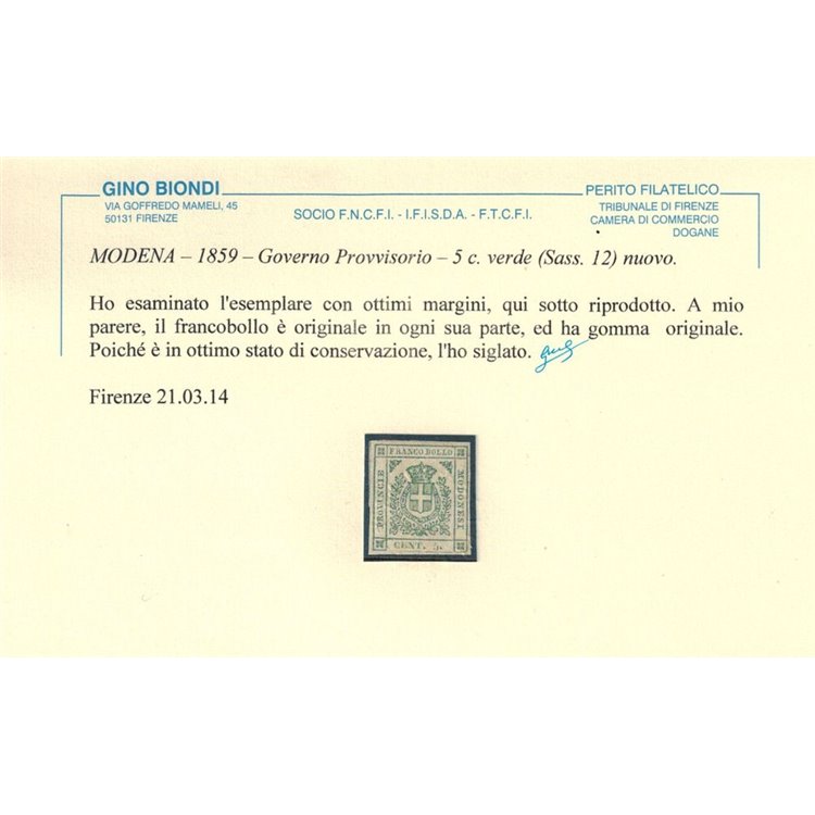 MODENA GOV. PROVV. 1859 Stemma di Savoia 5c. verde MH* ©