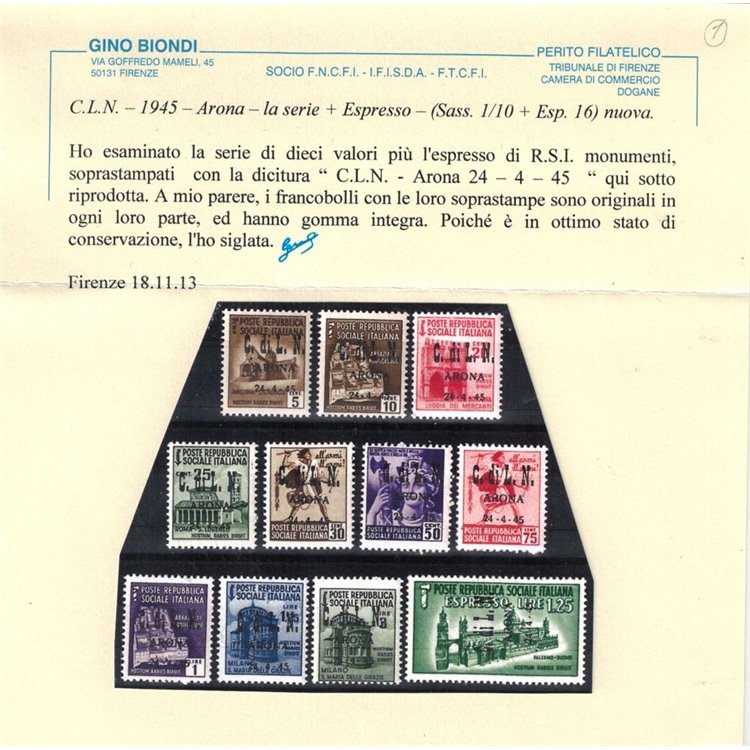 ARONA 1945 Monumenti distrutti sovrastampati 11v MNH** ©