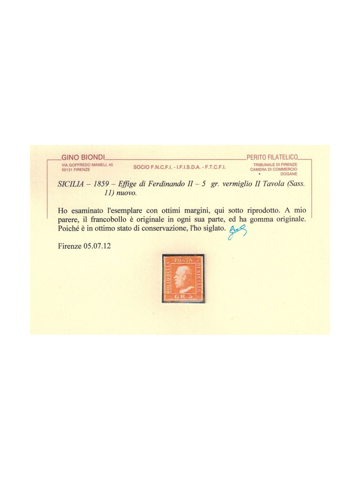 REGNO DI SICILIA 1859 5 Grana vermiglio 2ª tavola MH* ©