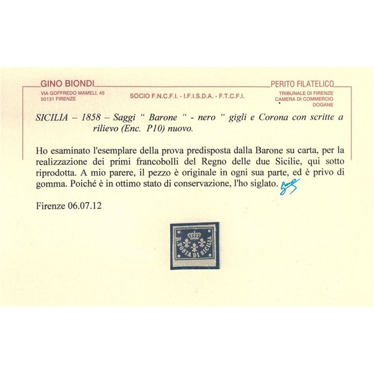 REGNO DI SICILIA 1858 "Saggi Barone" nero MH* ©