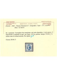 ITALIA REGNO 1863 15c litografico (I tipo) MNH** ©