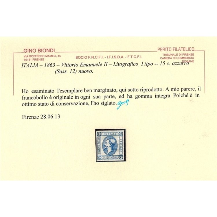 ITALIA REGNO 1863 15c litografico (I tipo) MNH** ©