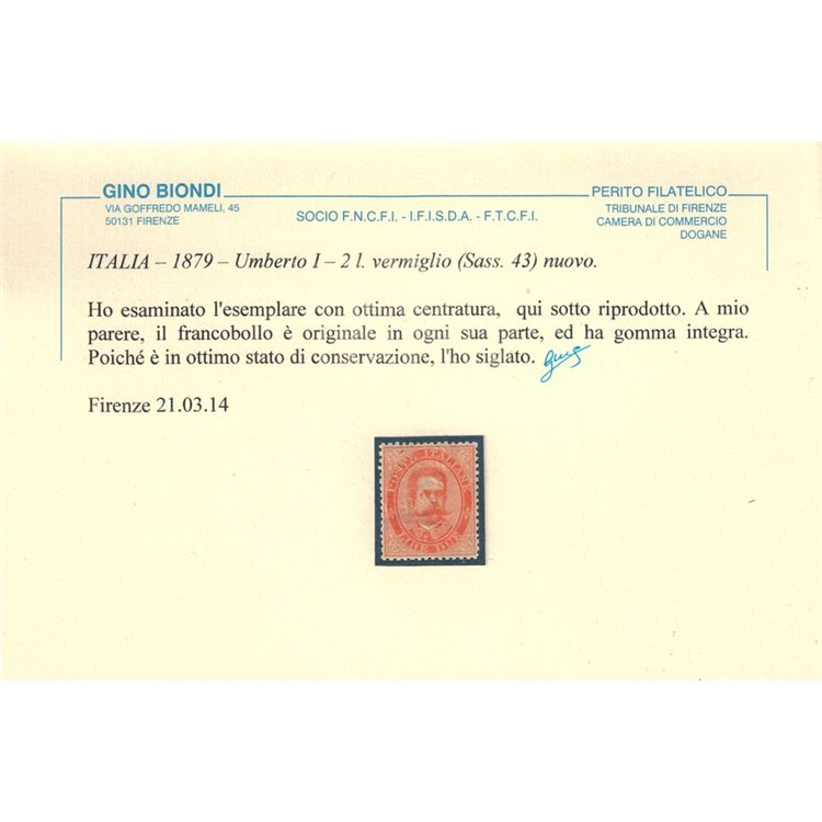 ITALIA REGNO 1879 Umberto I ₤2 vermiglio MNH**