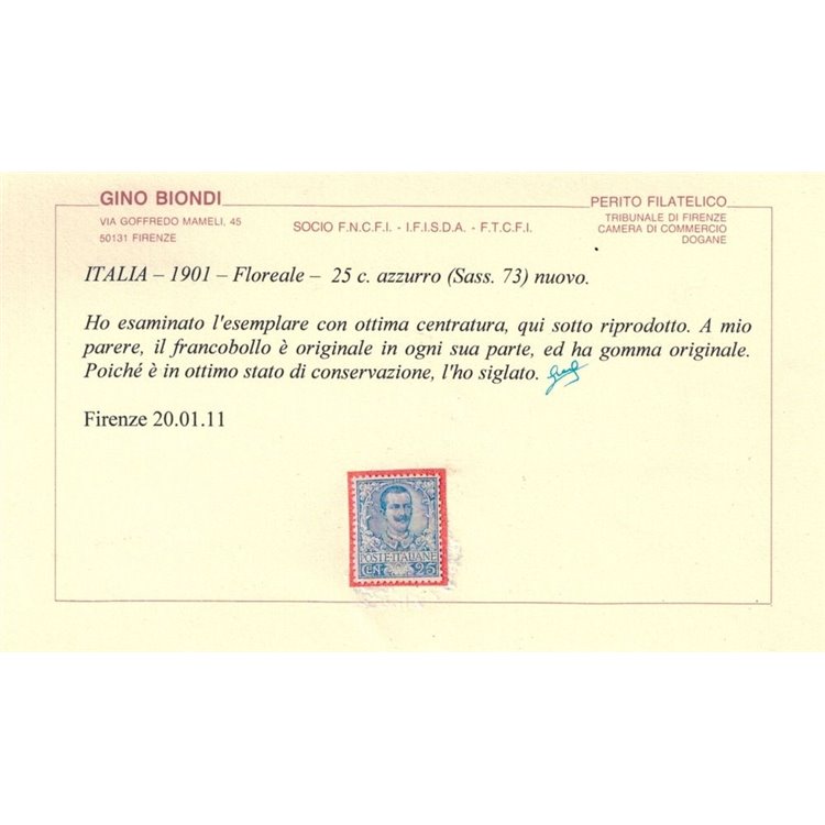 ITALIA REGNO 1901 Floreale 25c azzurro MH* © (Lusso)