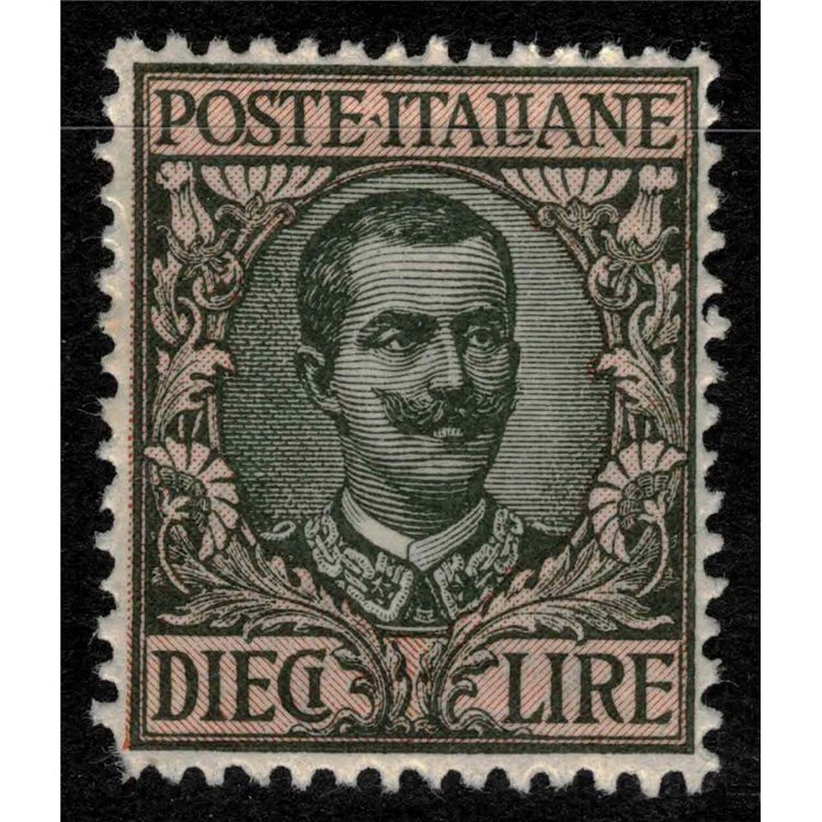 ITALIA REGNO 1910 Floreale £10 oliva e rosa MH*