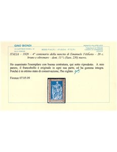 ITALIA REGNO 1928 Emanuele Filiberto 20c dent. 13½ MNH** ©