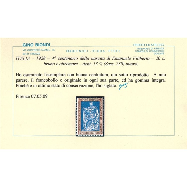 ITALIA REGNO 1928 Emanuele Filiberto 20c dent. 13½ MNH** ©