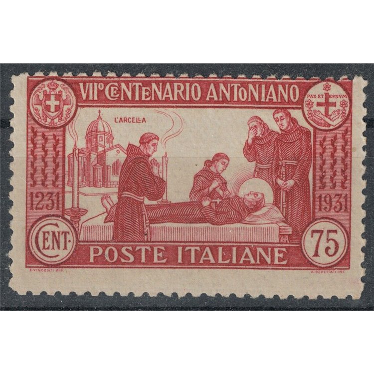 ITALY KINGDOM 1931 St. Anthony 75c carmine (dent. 12) MNH** ©