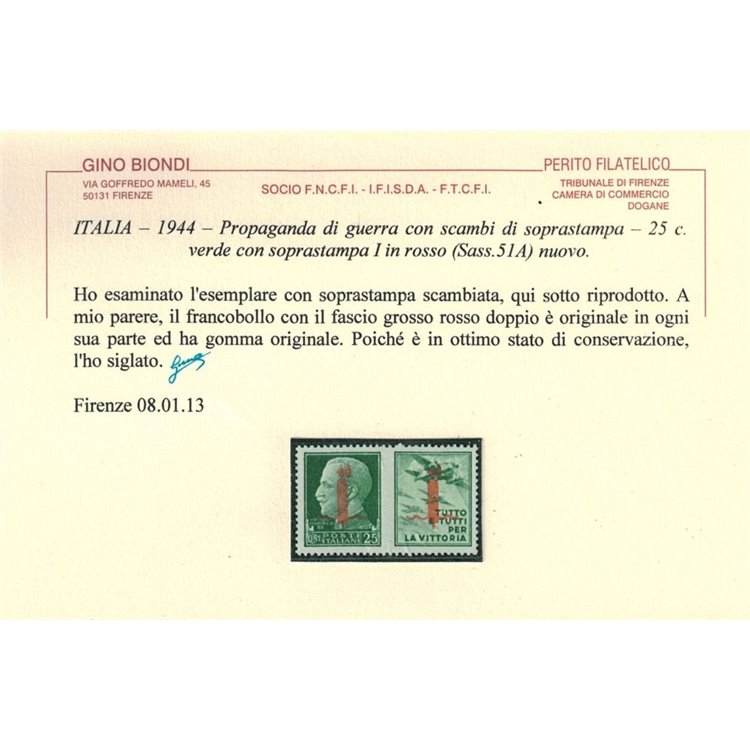 ITALIA RSI 1944 Varietà 25c Propaganda (Tutto e tutti) con scambi di soprast. MH* ©