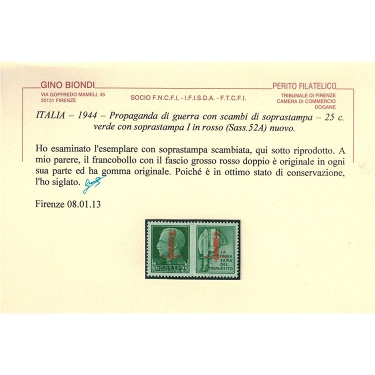 ITALIA RSI 1944 Varietà 25c Propaganda (La vittoria) con scambi di soprast. MH* ©