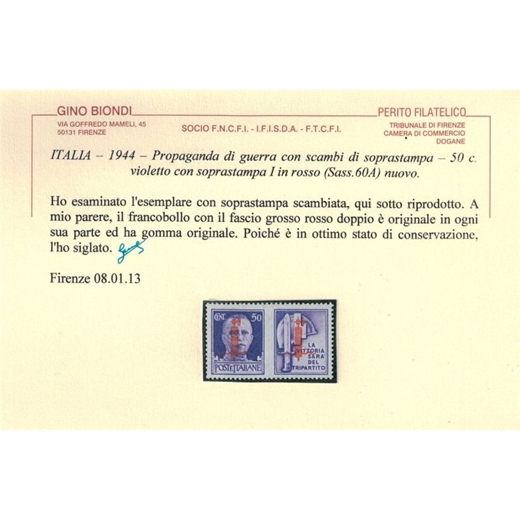 ITALIA RSI 1944 Varietà 50c Propaganda di guerra scambi di soprast. MH* ©