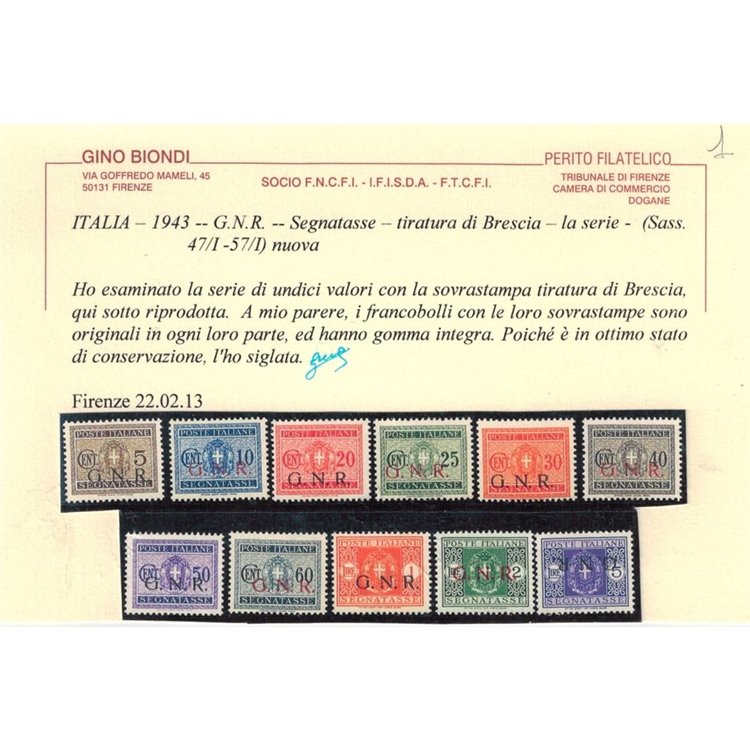 ITALIA RSI 1943 Segnatasse GNR (Brescia) 11v MNH** ©