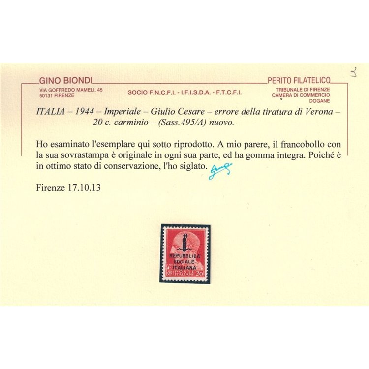 ITALIA RSI 1944 Imperiale 20c rosa carminio MH* ©