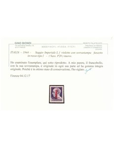 ITALIA RSI 1944 Saggio 1₤ Imperiale (soprast. fascio in rosso) MNH** ©