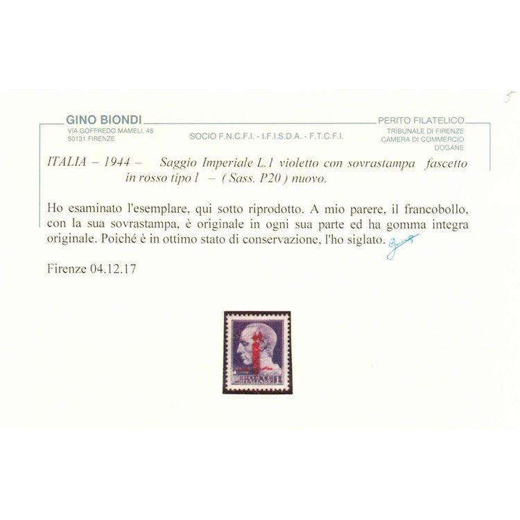 ITALIA RSI 1944 Saggio 1₤ Imperiale (soprast. fascio in rosso) MNH** ©