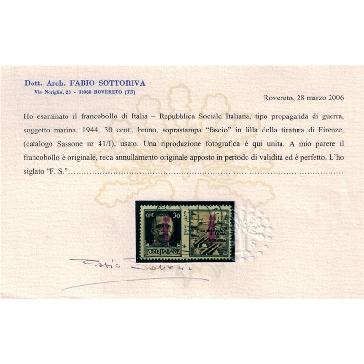 ITALY RSI 1944 War propaganda 30c brown (Florence) used ©