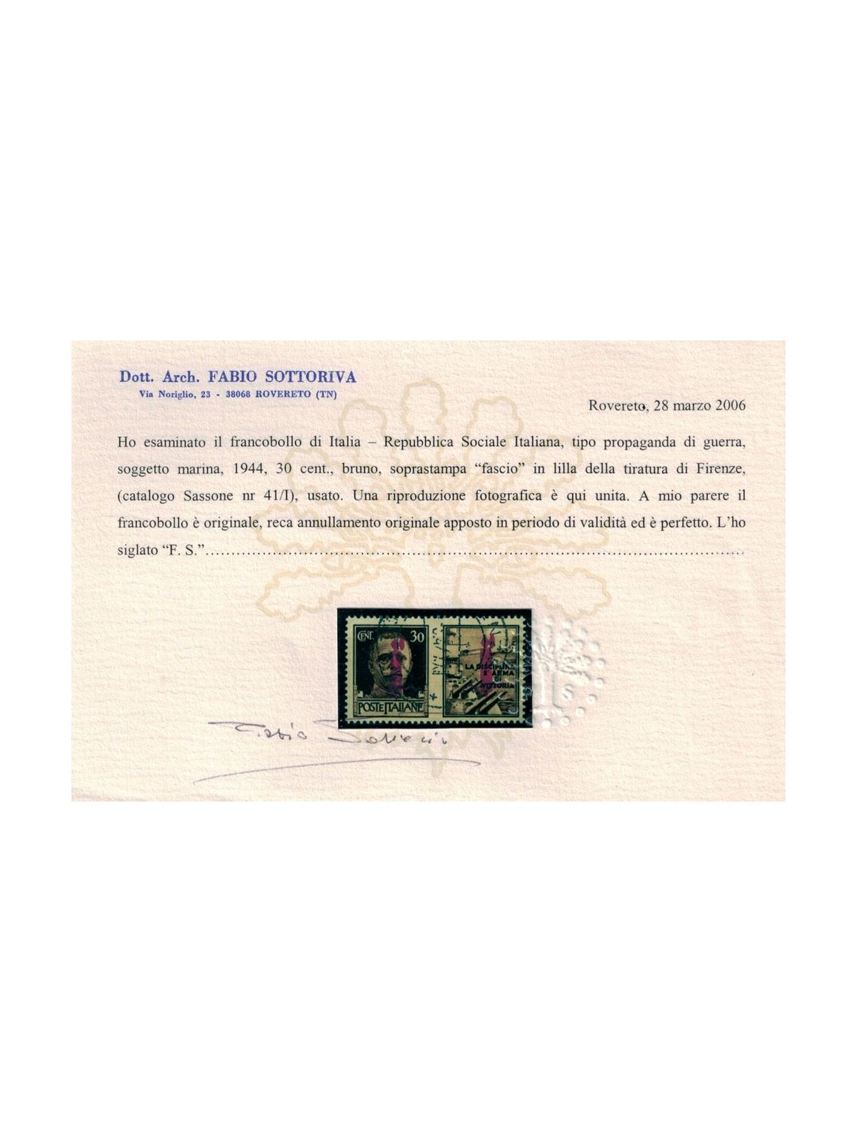 ITALY RSI 1944 War propaganda 30c brown (Florence) used ©