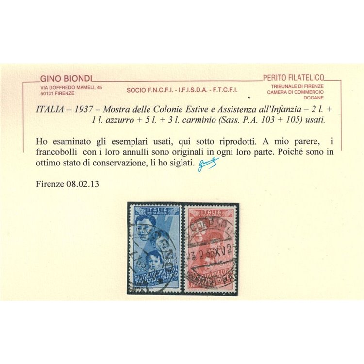 ITALIA REGNO 1937 Colonie estive 16v us ©