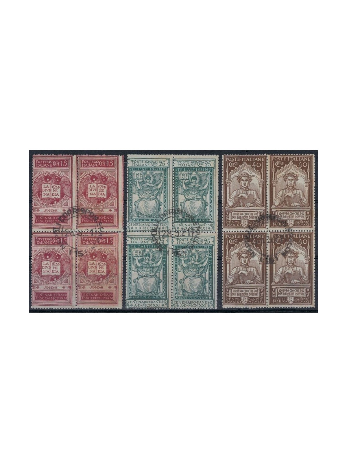 ITALY KINGDOM 1921 Dante Alighieri 3v in quartina used ©
