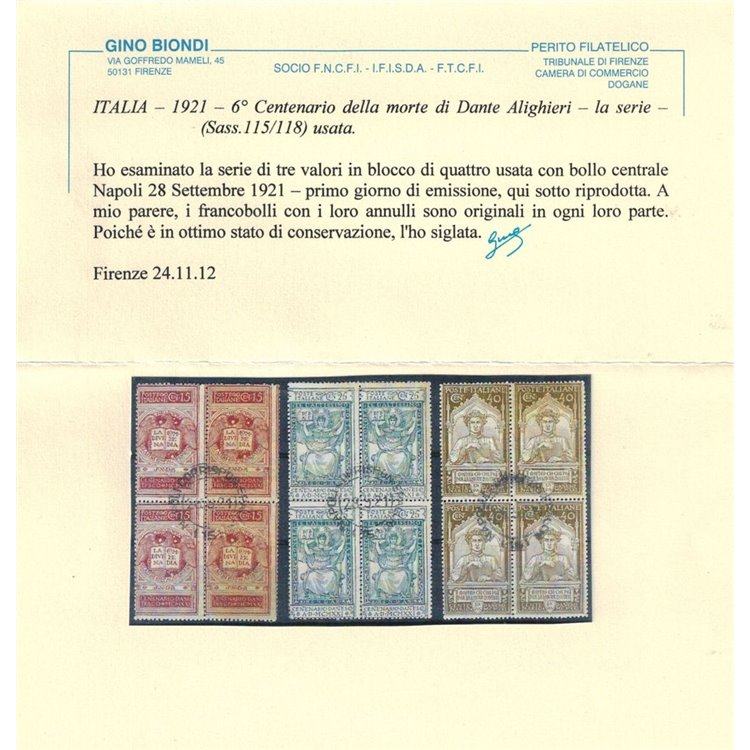 ITALIA REGNO 1921 Dante Alighieri 3v in quartina us ©