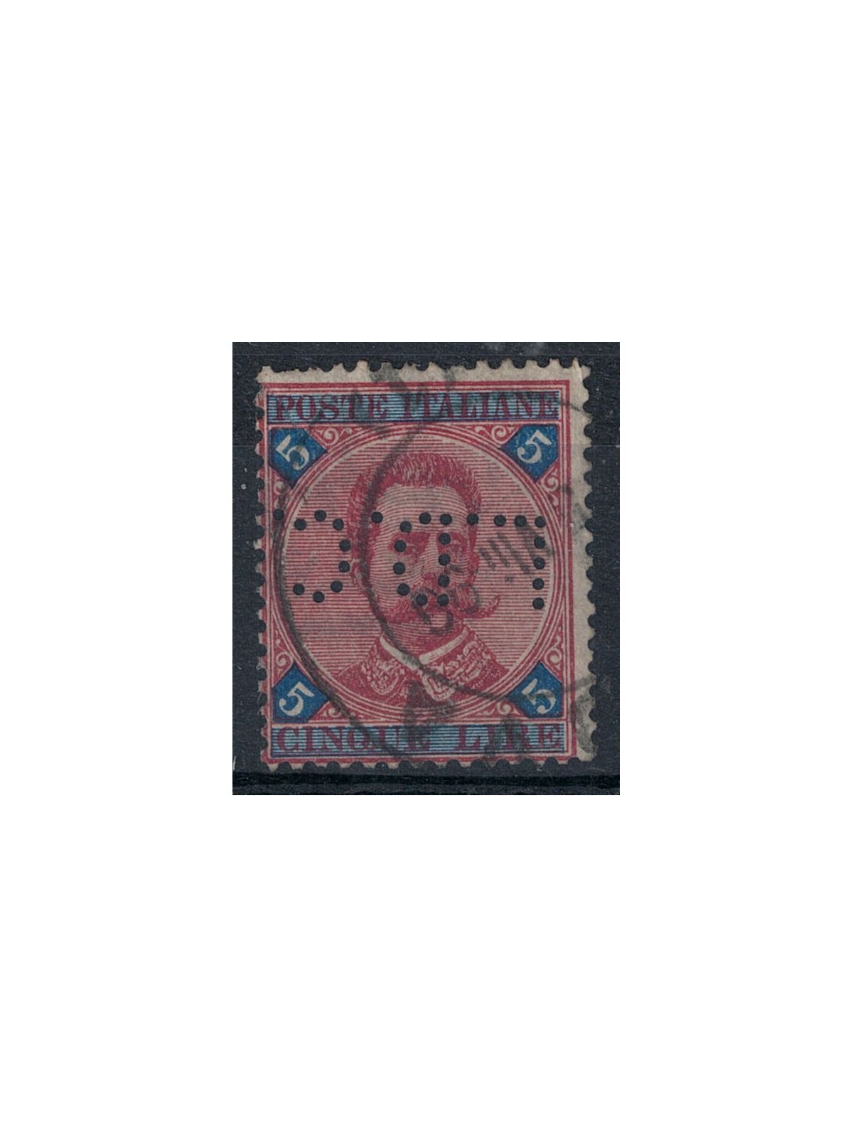 ITALIA REGNO 1891 Umberto I 5£ carminio e azzurro (Perfin LDC) ©