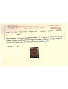 ITALIA REGNO 1891 Umberto I 5₤ carminio e azzurro (Perfin LDC) ©