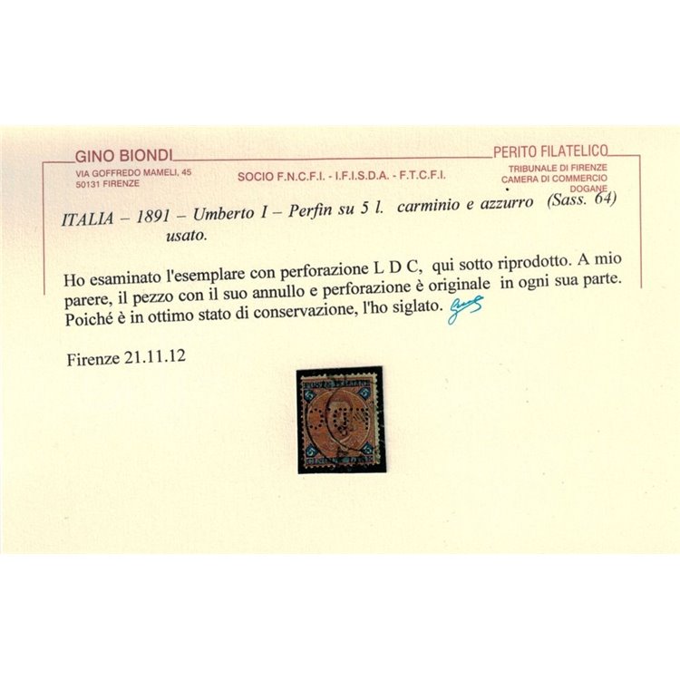 ITALIA REGNO 1891 Umberto I 5₤ carminio e azzurro (Perfin LDC) ©