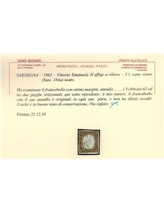 REGNO DI SARDEGNA 1863 Effigie 3₤ rame scuro us ©