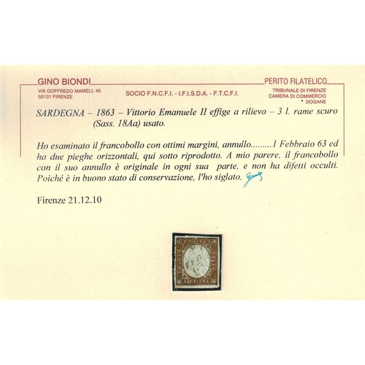 REGNO DI SARDEGNA 1863 Effigie 3₤ rame scuro us ©