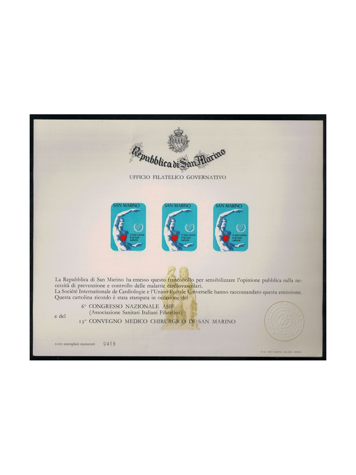 SAN MARINO 1972 Proof on numbered card of the 50£ Year of the Heart MNH**