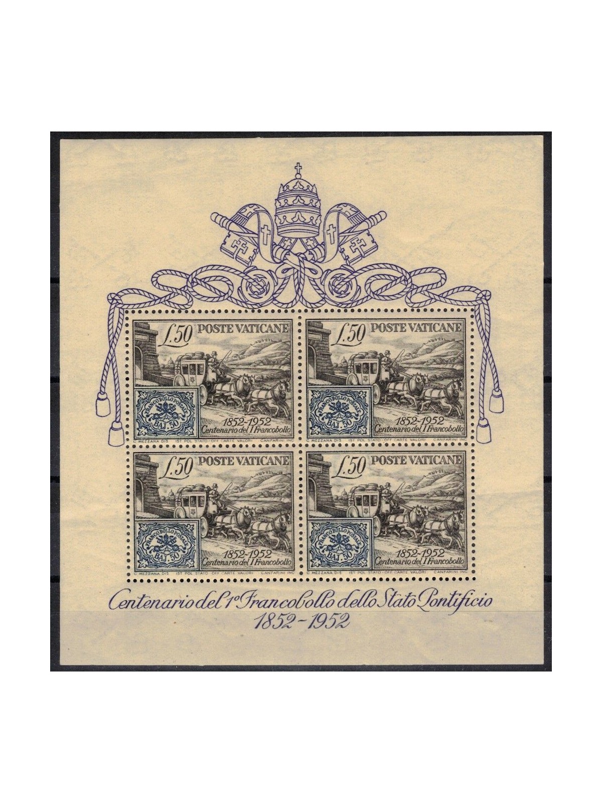 VATICAN 1952 Centenary of the s/s stamp MNH** ©