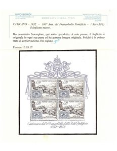 VATICANO 1952 Centenario del francobollo BF MNH** ©