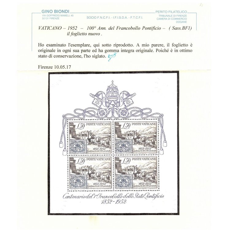 VATICANO 1952 Centenario del francobollo BF MNH** ©