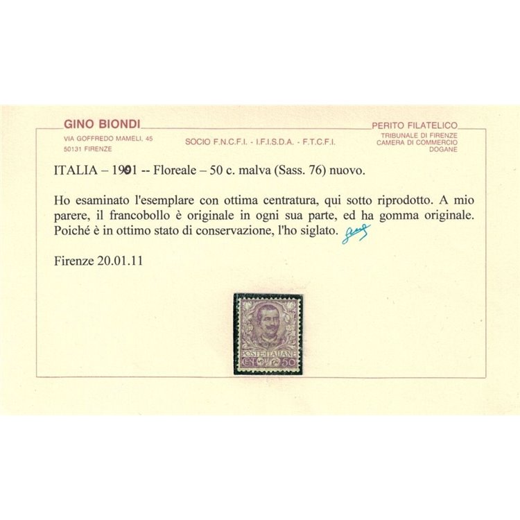 ITALIA REGNO 1901 Floreale 50c malva MH* © (Lusso)