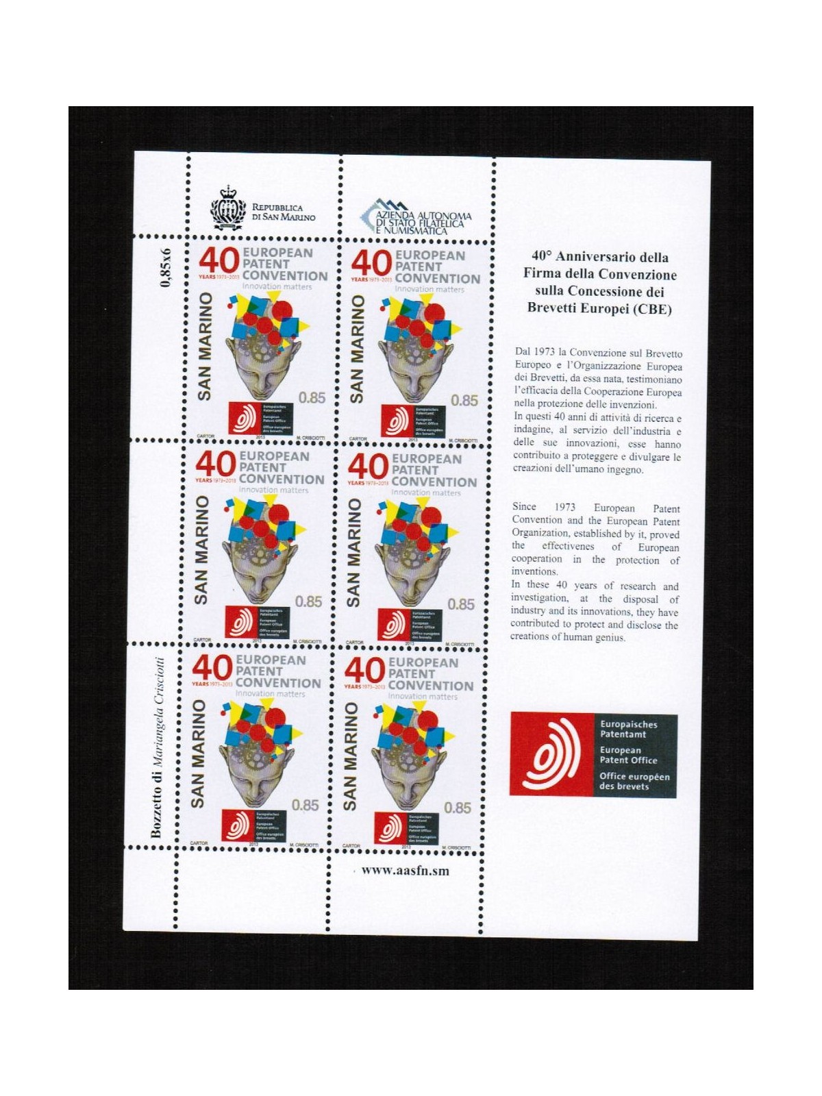 SAN MARINO 2013 European Patents m/s MNH**