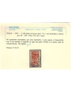 ITALIA 1950 Varietà ₤100 Italia al lavoro (non dent. a dx) us ©