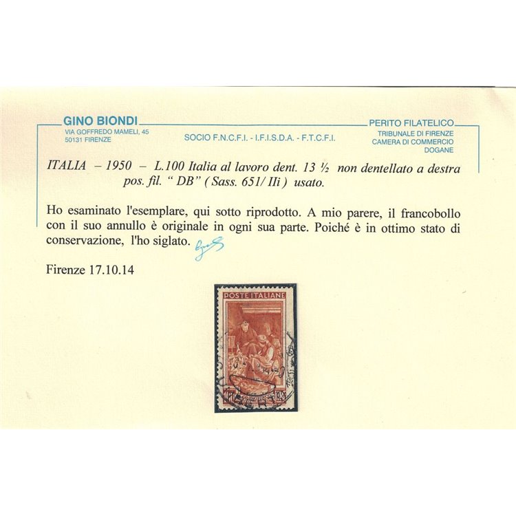 ITALIA 1950 Varietà ₤100 Italia al lavoro (non dent. a dx) us ©