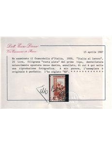 ITALIA 1950 Varietà ₤25 Italia al lavoro (dent. spostata) us ©