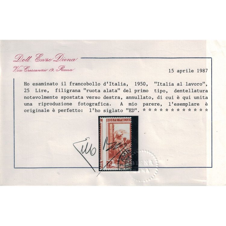 ITALIA 1950 Varietà ₤25 Italia al lavoro (dent. spostata) us ©