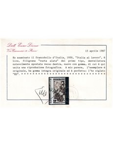 ITALIA 1950 Italia al lavoro 6₤ Varietà MNH** ©