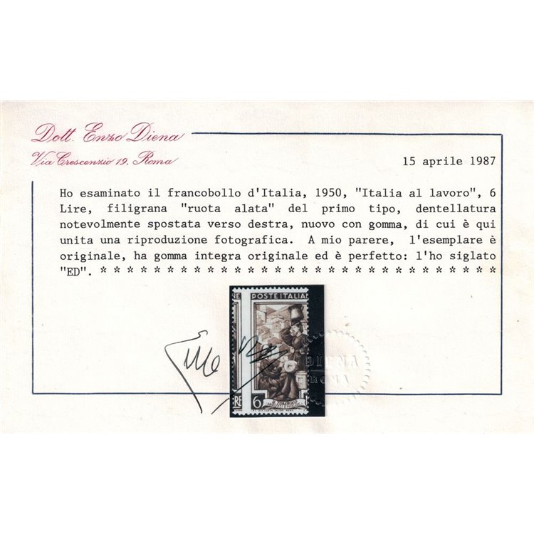 ITALIA 1950 Italia al lavoro 6₤ Varietà MNH** ©