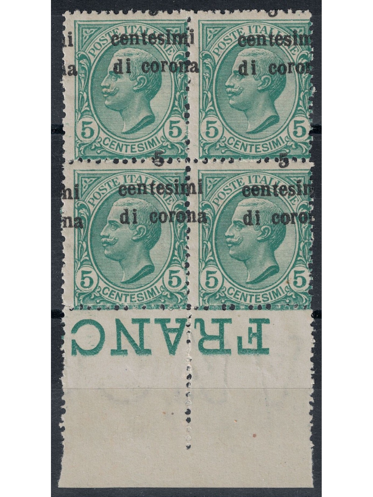 TRENTO E TRIESTE 1919 Varietà 5c su 5c verde soprast. spostata quartina MNH**
