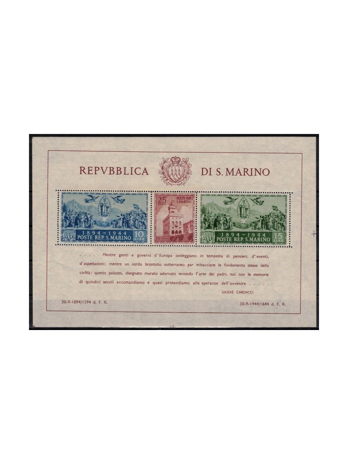SAN MARINO 1945 Government Palace s/s MNH**