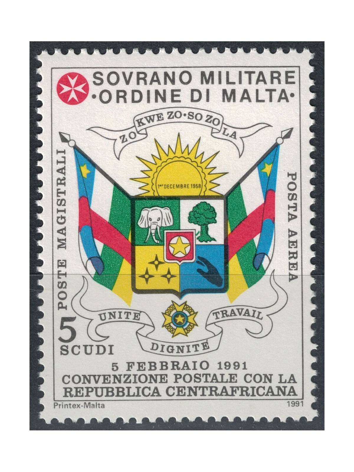 SMOM 1991 Postal Agreement with Central African Republic MNH**