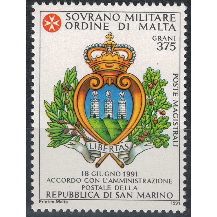 SMOM 1991 Convenzione postale con San Marino MNH**